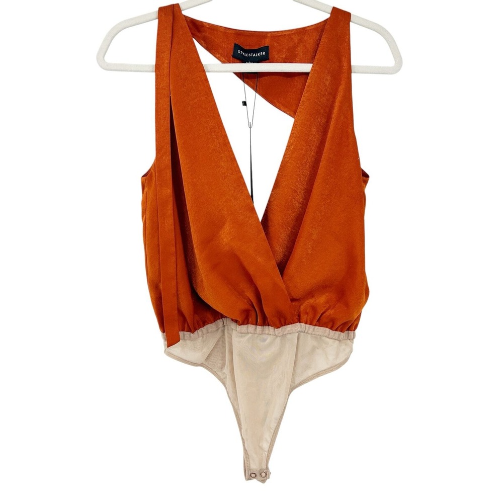 NWT STYLESTALKER Womens Erick Copper Deep V Cutout Back Glam Bodysuit Size S